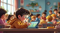 Ein Kita-Kind liest auf einem Tablet ein Bilderbuch